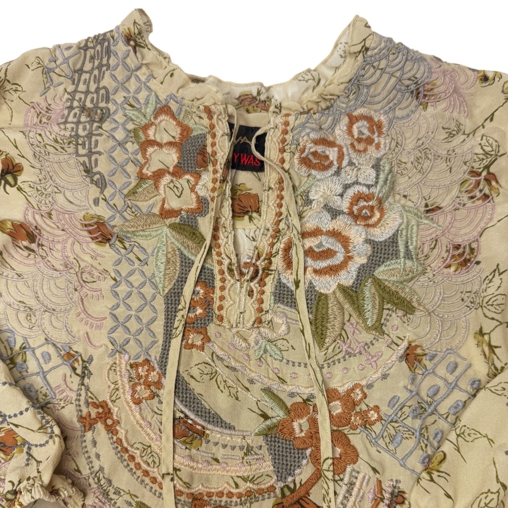 JOHNNY WAS BIYA Silk Blouse Embroidered Top Neutral Floral V-Neck Size Small - Picture 5 of 10